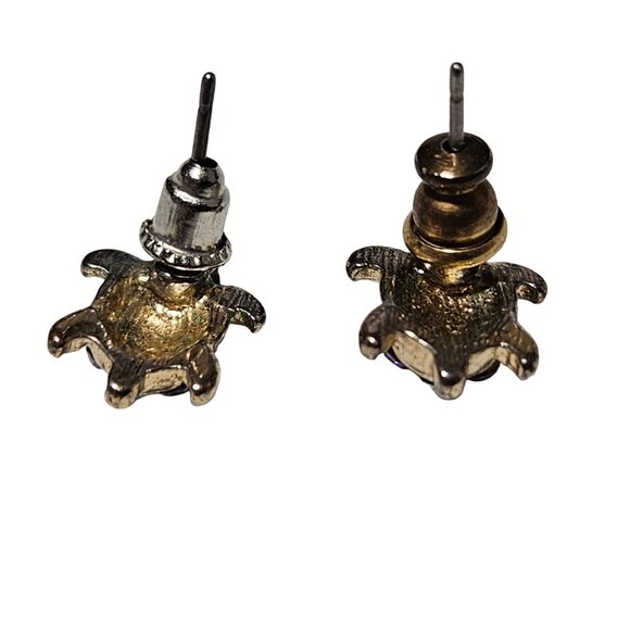 Gem Turtle Gold Tone Stud Earrings Purple Blue Clear Rhinestone Tortoise Jewelry - Picture 4 of 6